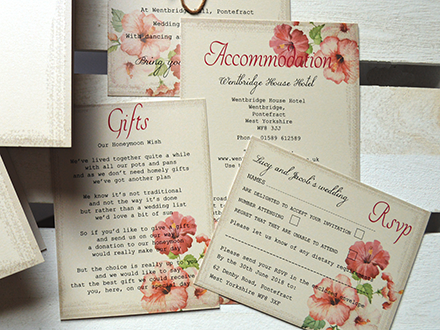 Vintage Hibiscus, optional RSVP/Gift and Accommodation cards